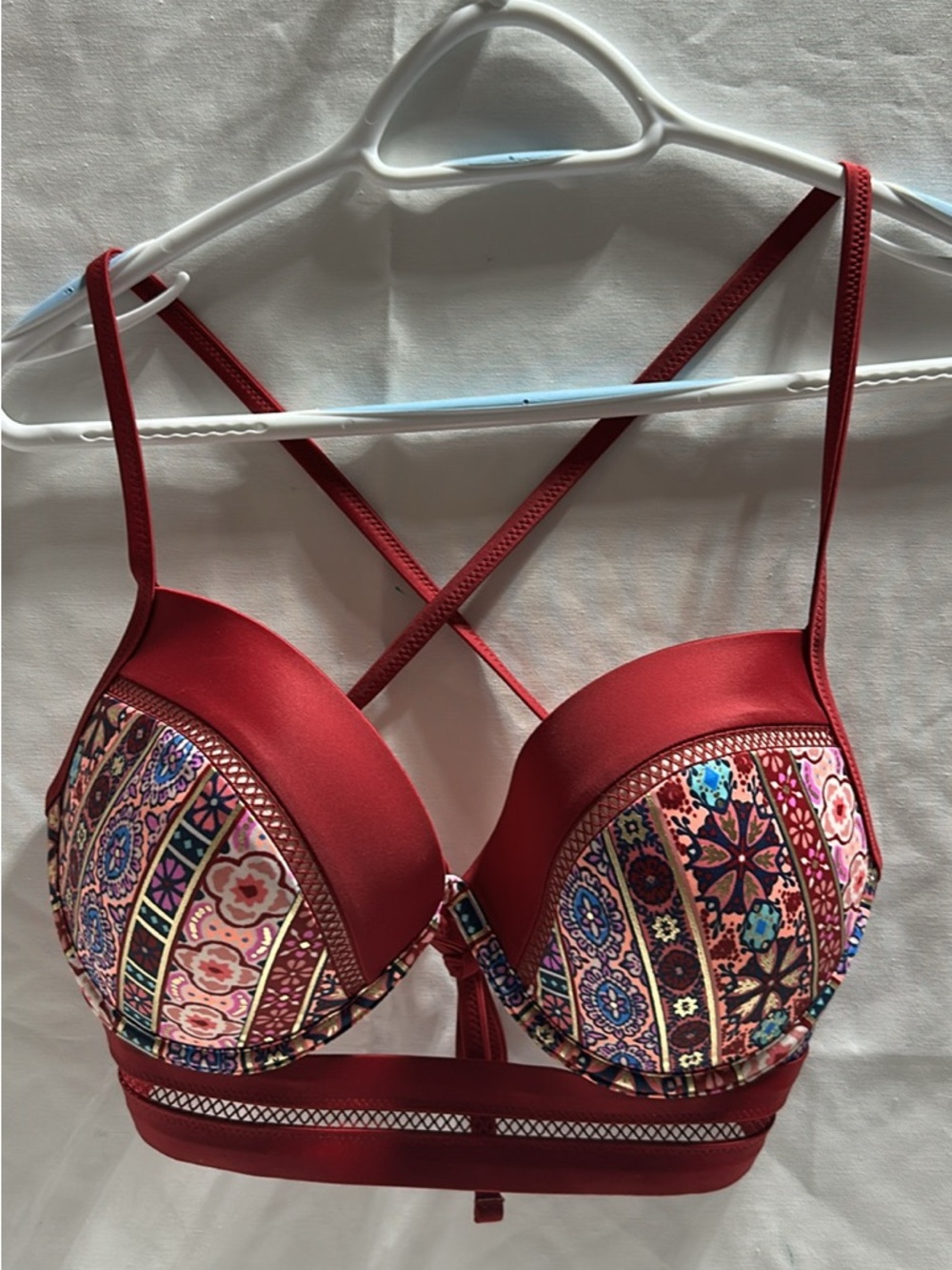 Shade & Shore Red Printed Push-Up swim top with Crisscross Straps